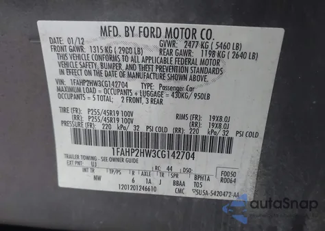 2012 Ford Taurus Sel from USA, damaged, VIN 1FAHP2HW3CG142704